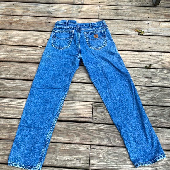 Carhartt Flannel Lined Blue Jeans Mens 36x34 Regular Fit Blue Plaid Lining - Picture 2 of 16